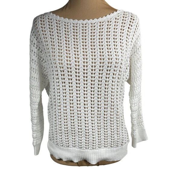 Free People Boomerang Sweater White Crochet 3/4 Sleeve Open Knit Size M Medium F - Picture 1 of 8